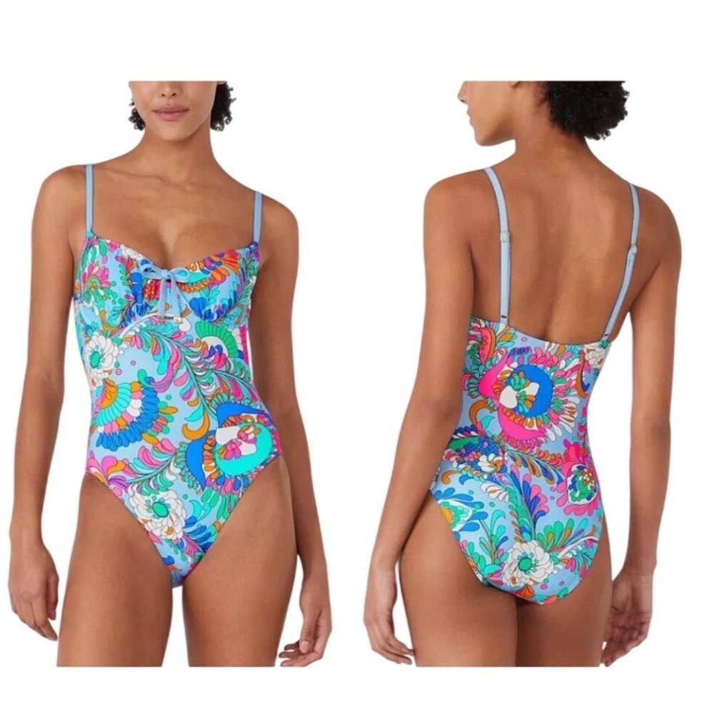 Kate Spade Spring water floral One Piece Swimsuit sz M Blue Psychedelic Retro